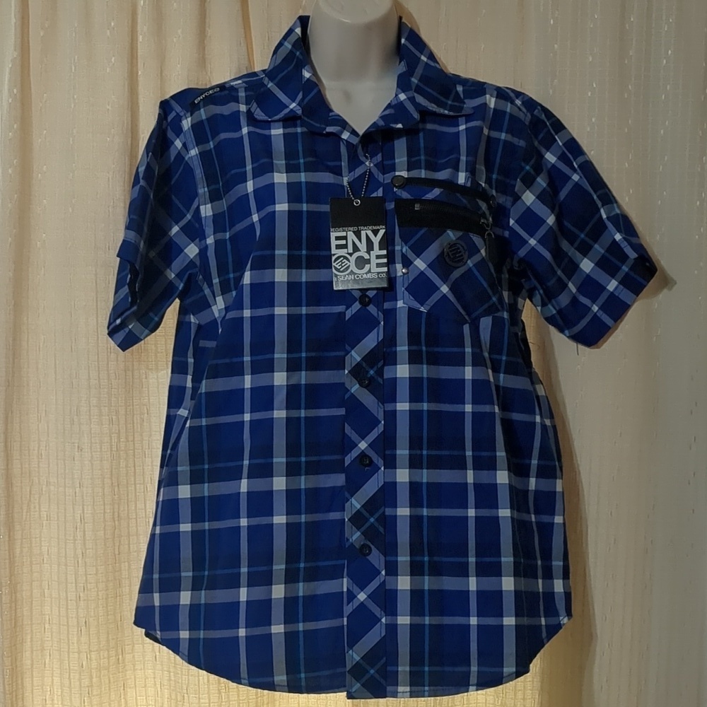 Enyce Sean Combs Men Shirt Blue Plaid Short Sleeve Button 3 Front Pockets Sz S